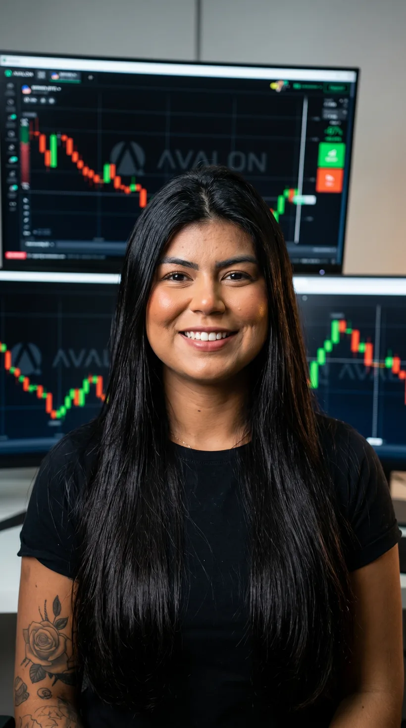 Mari Trader sorrindo em frente &agrave;s telas com gr&aacute;ficos do Avalon